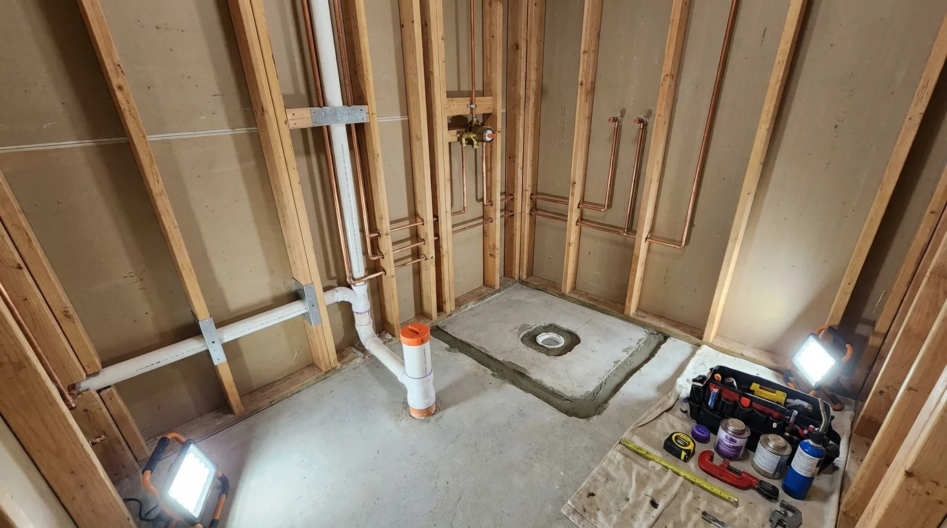 Bathroom rough-in plumbing during remodel by Johns Plumbing LLC in Allendale