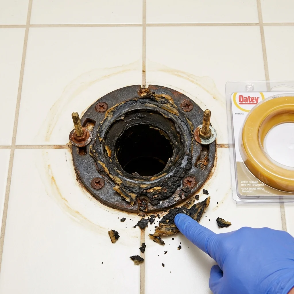 Failed wax ring showing water seepage at the base of a toilet in a Allendale, MI home