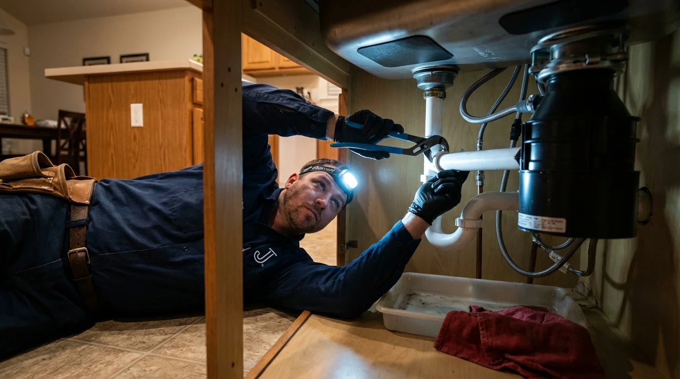 P-trap and supply line connections under a kitchen sink showing a common leak point in Allendale, MI